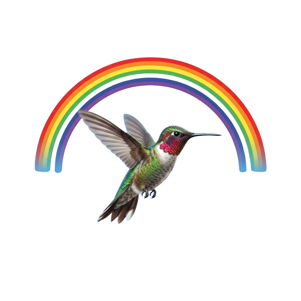 A vibrant hummingbird in flight with wings spread, positioned under a bright rainbow against a dark background