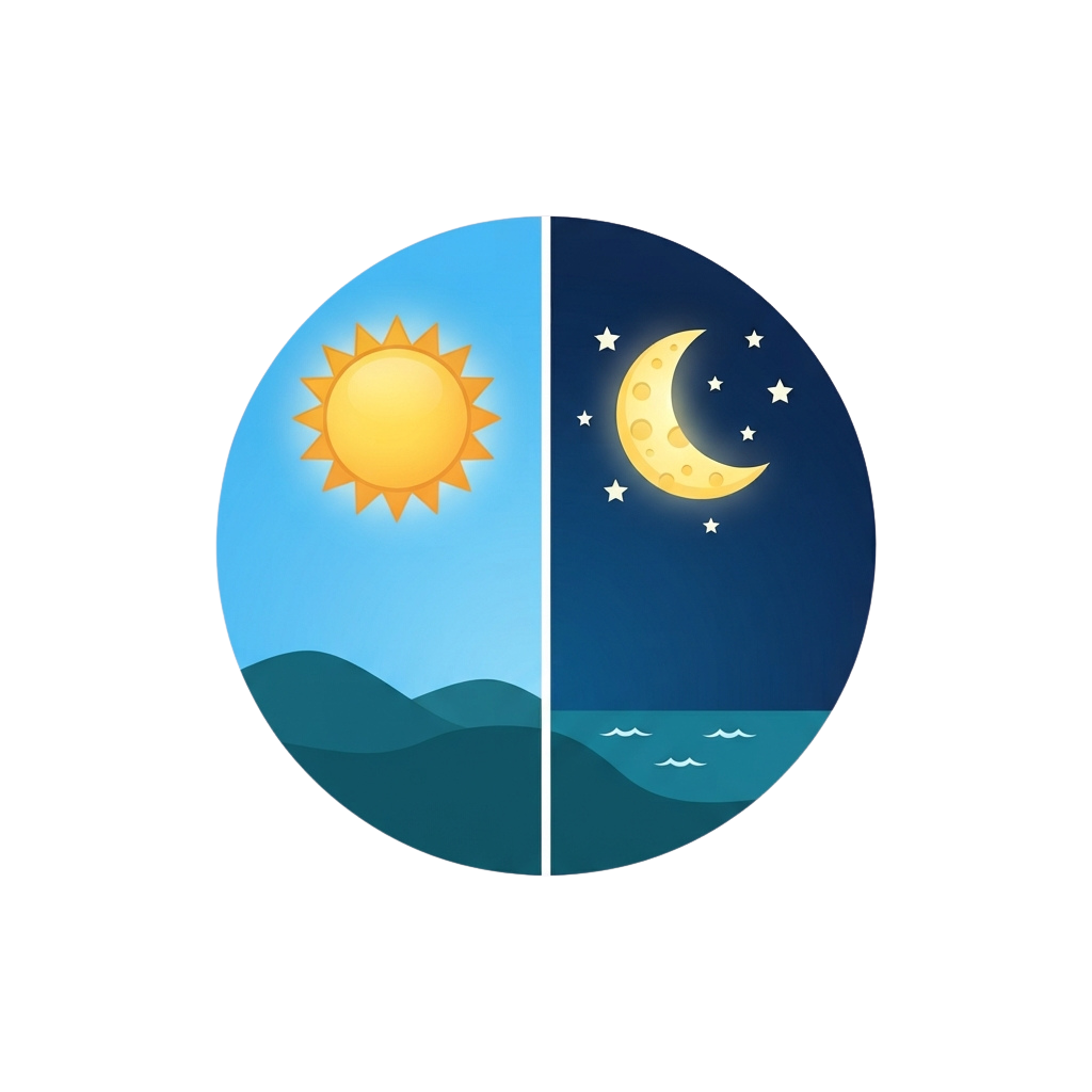 Split image showing daytime with sun and hills, nighttime with moon and stars over water