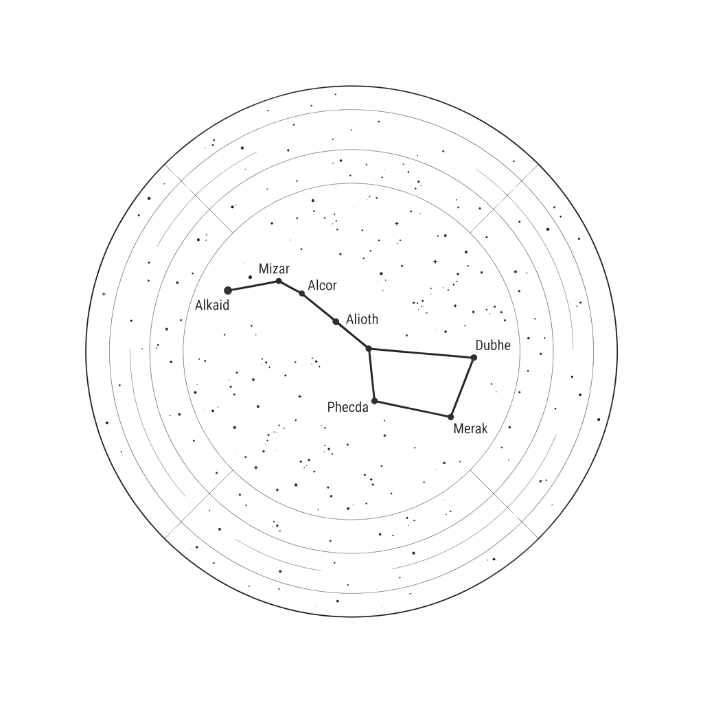 Black and white star map showing the Ursa Major constellation with labeled stars and the Big Dipper asterism.