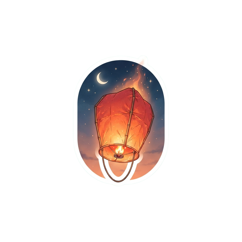 A glowing red paper lantern floating in a starry night sky with a crescent moon.