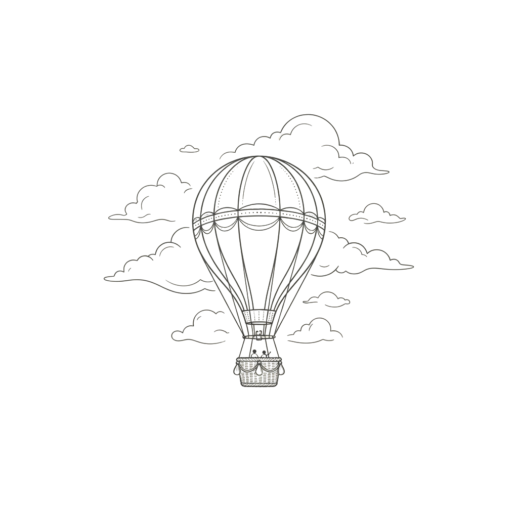 A detailed sketch of a hot air balloon floating among stylized clouds against a dark background