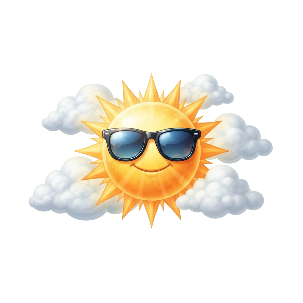 A smiling sun wearing sunglasses surrounded by fluffy white clouds