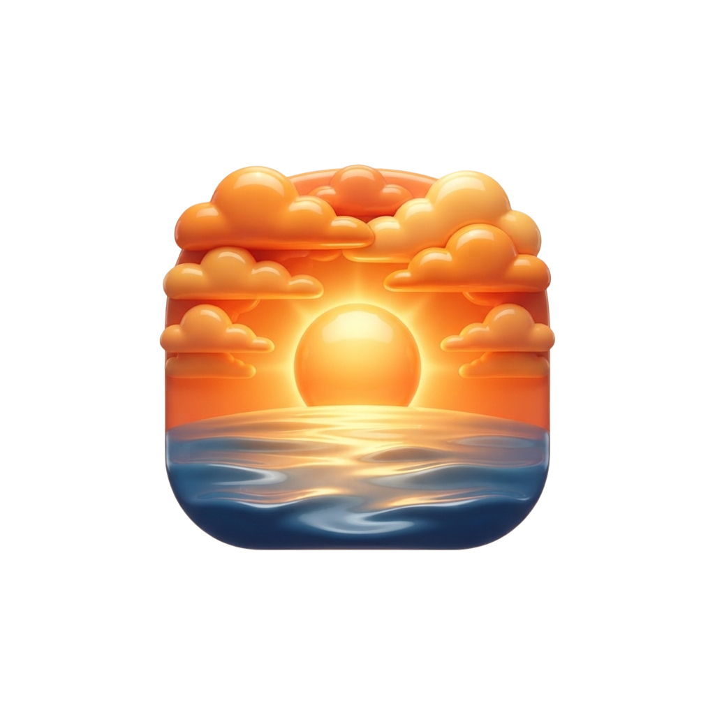 A digital illustration of a sunset over calm ocean water with fluffy clouds reflecting warm light
