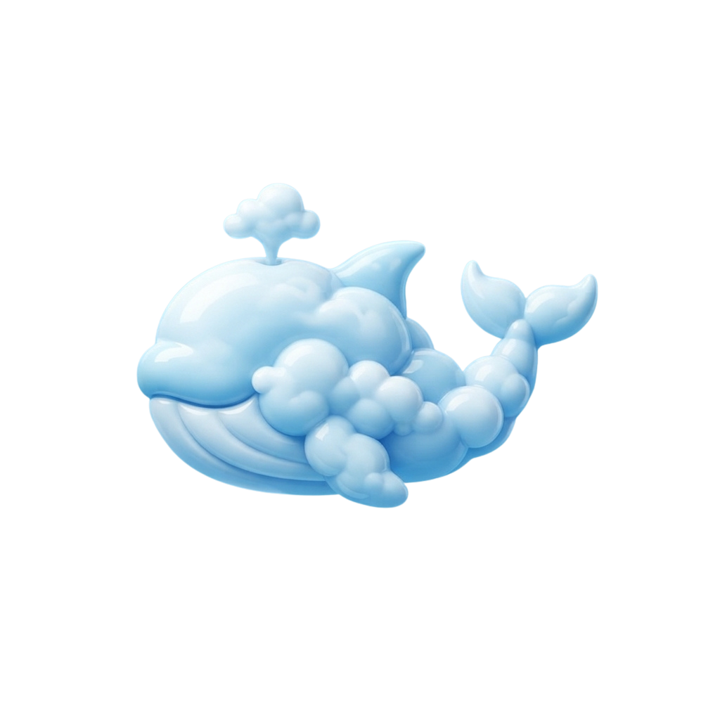 A stylized cartoon whale made of light blue clouds and bubbles, floating with a playful expression