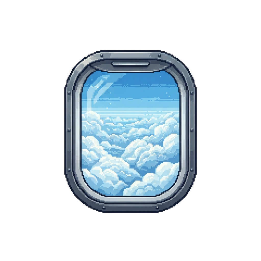 A spacecraft window showing a view of Earth's sky with fluffy white clouds against a blue backdrop