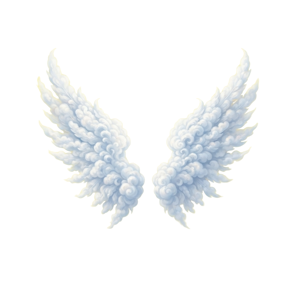 A pair of stylized white angel wings displayed against a black background