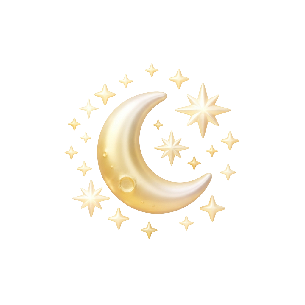 A stylized crescent moon surrounded by glowing stars on a dark background