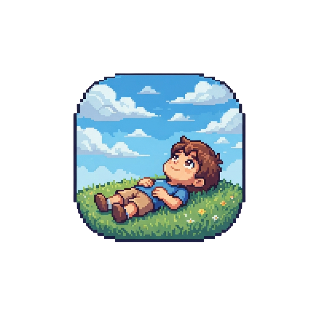 A smiling child lying on green grass looking up at a blue sky with fluffy clouds in a pixel art style