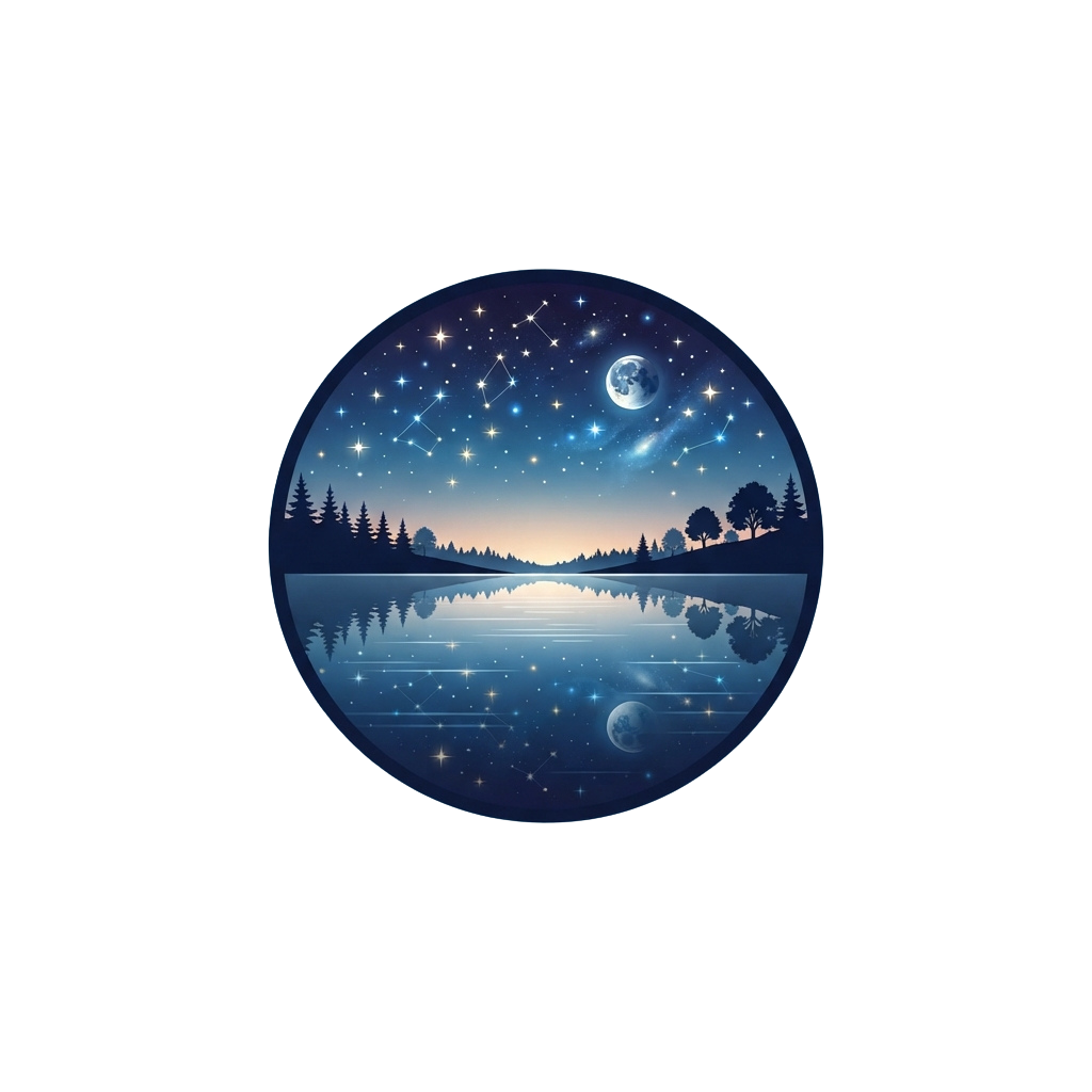 A serene night landscape with a calm lake reflecting stars, moon, and forest under a starry sky