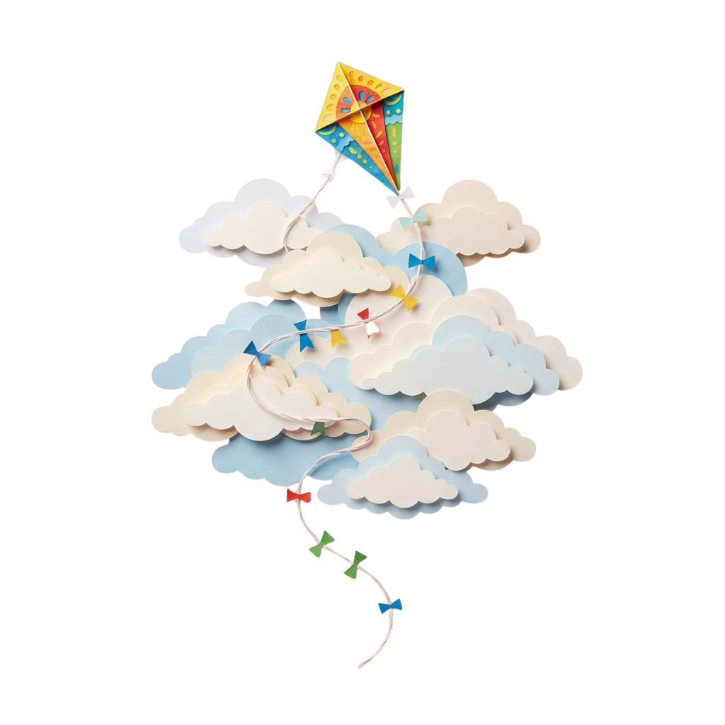 A decorative paper kite with a long tail flying above a cluster of white and blue cloud shapes