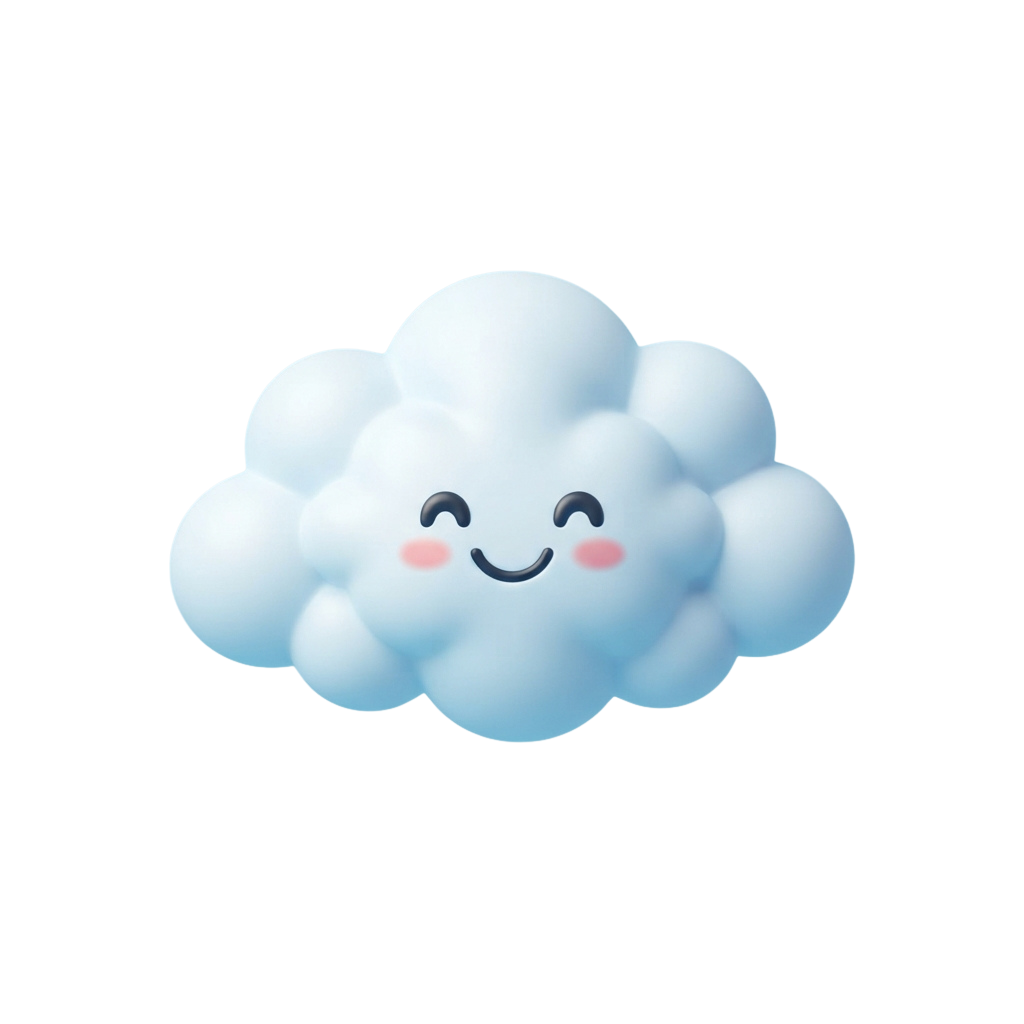 Smiling cartoon cloud with a face and two blush marks on a black background