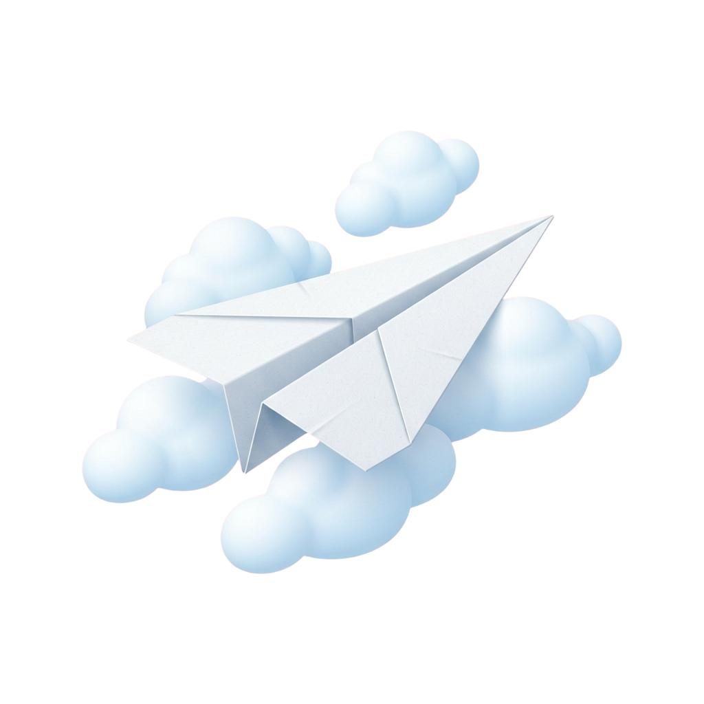 White paper airplane soaring among light blue clouds against a black background