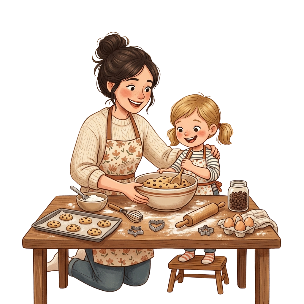 A woman and a child smiling while baking cookies at a wooden table with ingredients and tools around them.