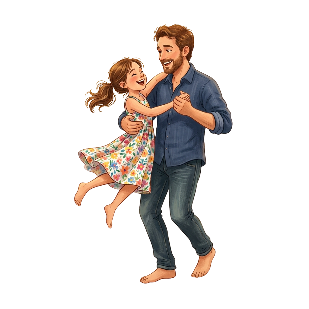 Illustration of a man and a young girl joyfully dancing together, smiling and embracing mid-air