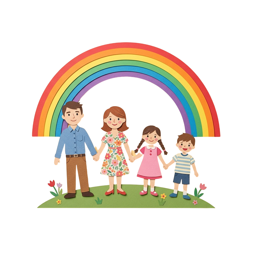 Illustration of a smiling family of four standing hand-in-hand under a vibrant rainbow on green grass with flowers