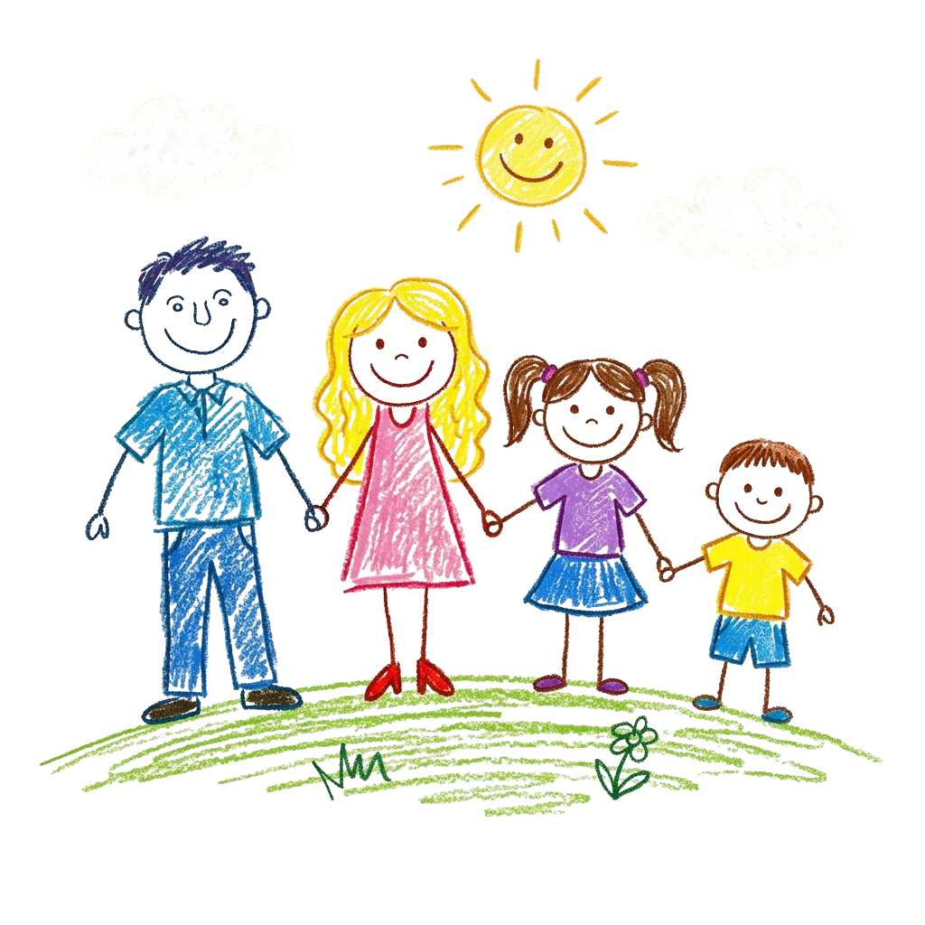 A cheerful family of four holding hands, smiling, with a bright sun and clouds in the background