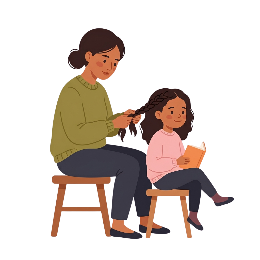 A woman braiding a young girl's hair as the girl reads a book on her lap.