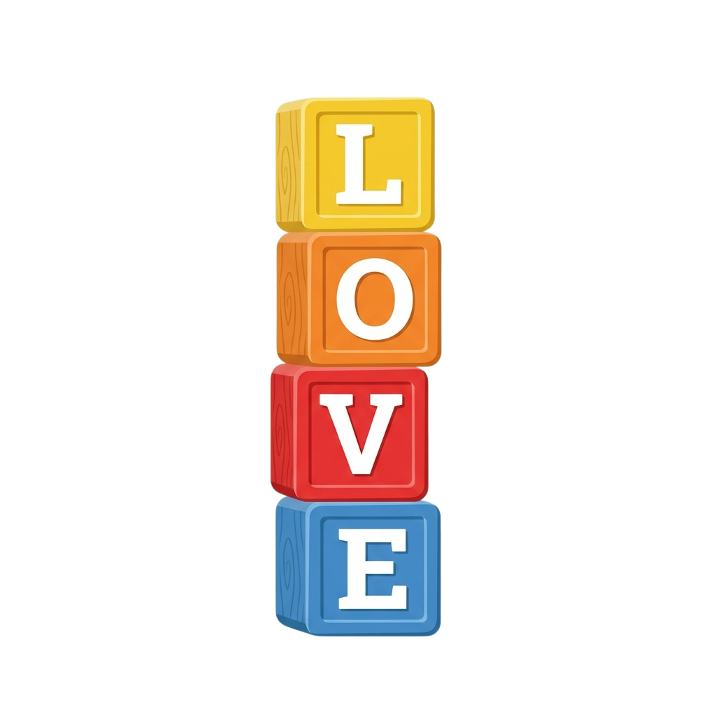 Four wooden blocks stacked vertically spelling LOVE in bright yellow, orange, red, and blue colors