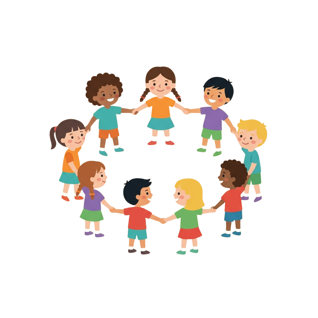 Eight cartoon children of different ethnicities holding hands in a circle, smiling and forming a united group.