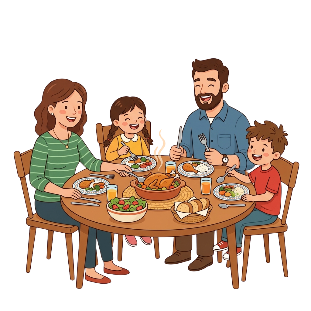 Illustration of a smiling family of four enjoying a meal together at a table with plates of food and drinks.