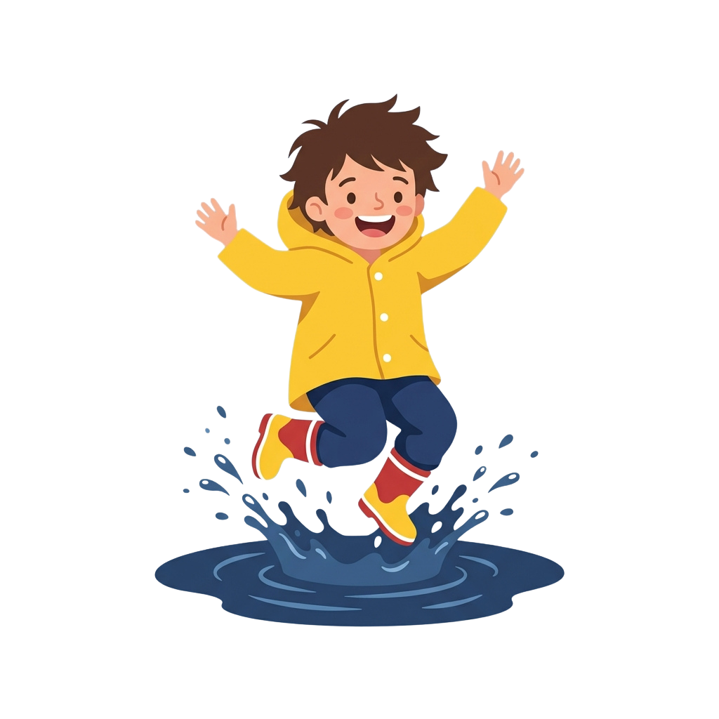 A cheerful child jumping through a puddle wearing a yellow jacket, blue pants, and rain boots