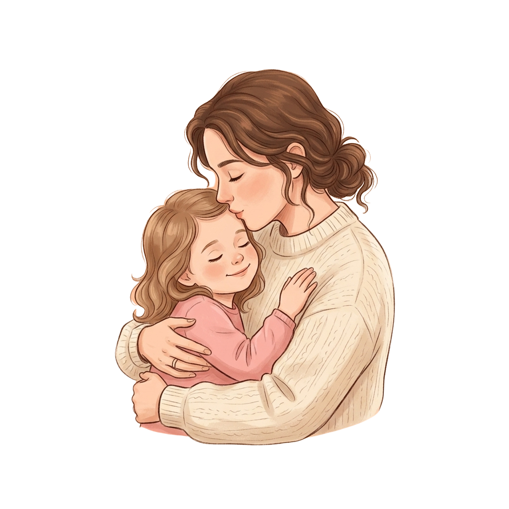 A woman holding a young child close in a warm, loving embrace against a dark background