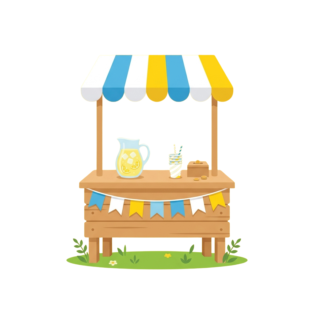 Illustration of a wooden lemonade stand with striped awning, lemonade pitcher, cups, and festive bunting