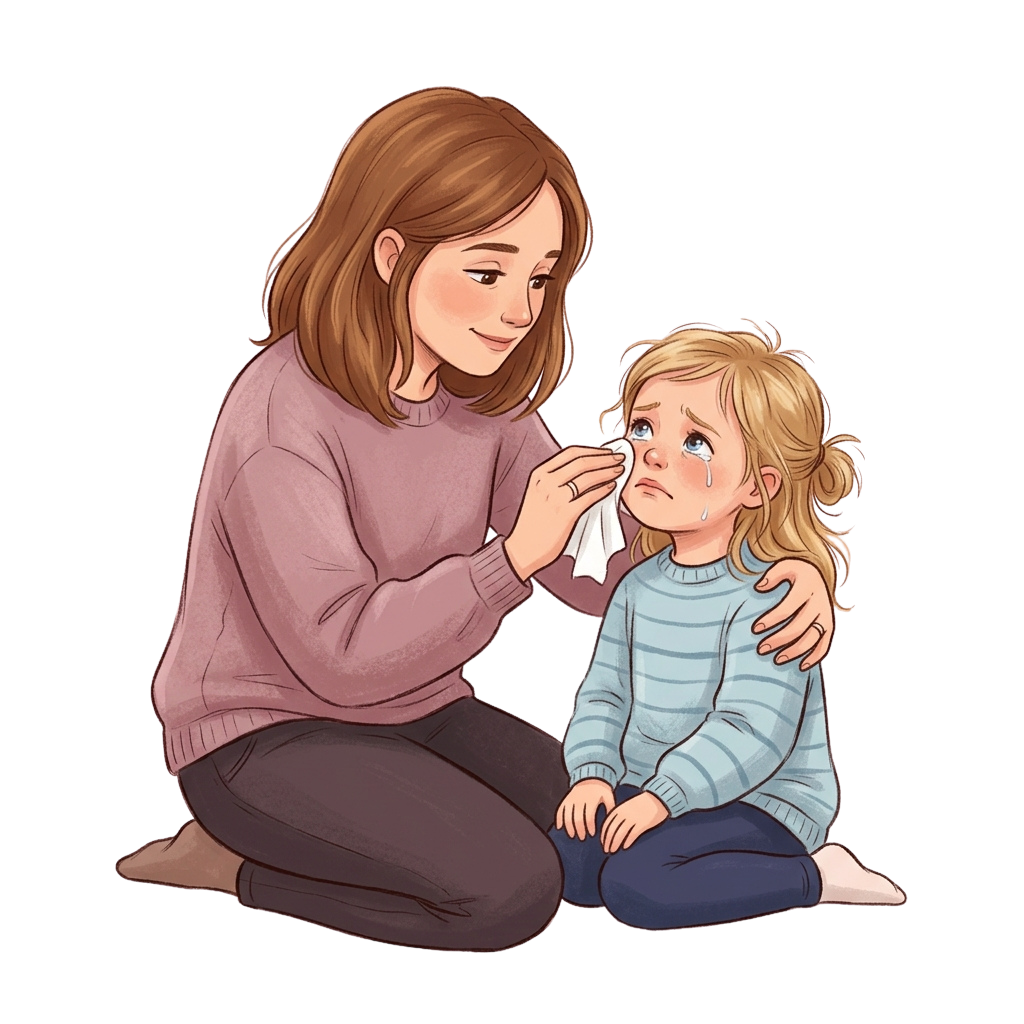 A woman comforting a crying child with a tissue and hug, showing care and support.