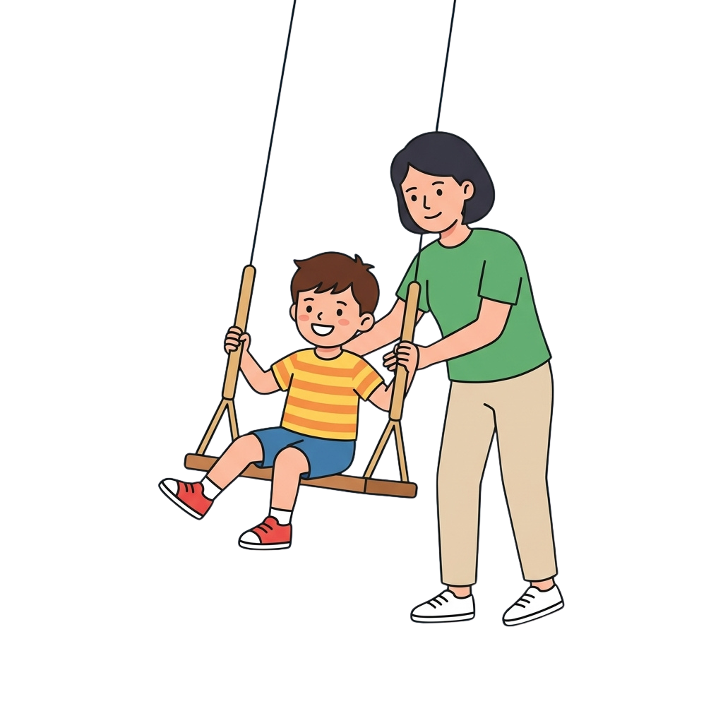 An adult assists a child on a wooden swing at a playground.