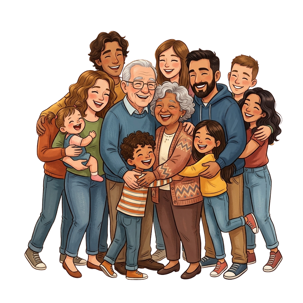 Illustration of a smiling multigenerational family hugging together closely.