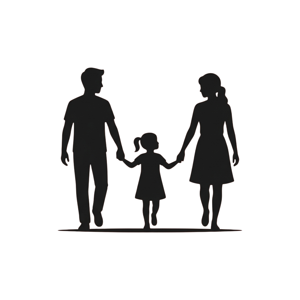 Three silhouettes of a family holding hands while walking