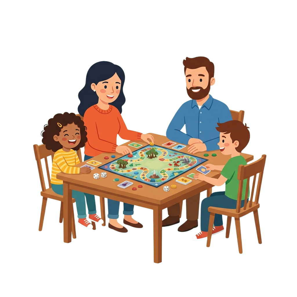 Four people smiling while playing a colorful board game around a wooden table