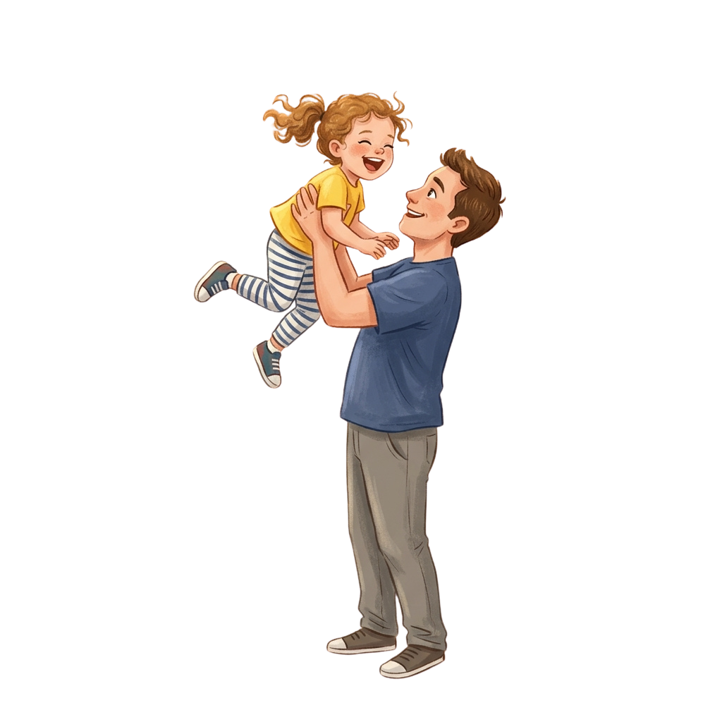 A man lifting a smiling young girl in the air, both looking joyful and happy.