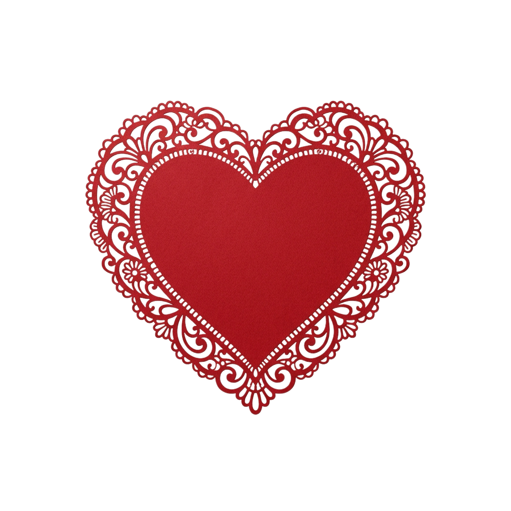 A red heart shape with intricate lace trim against a black background
