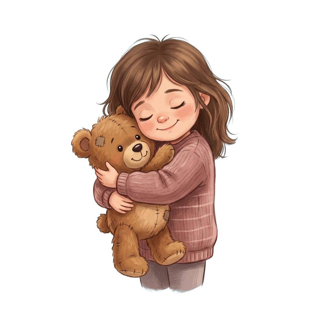 A child with brown hair hugging a light brown teddy bear with a stitched patch on its chest.