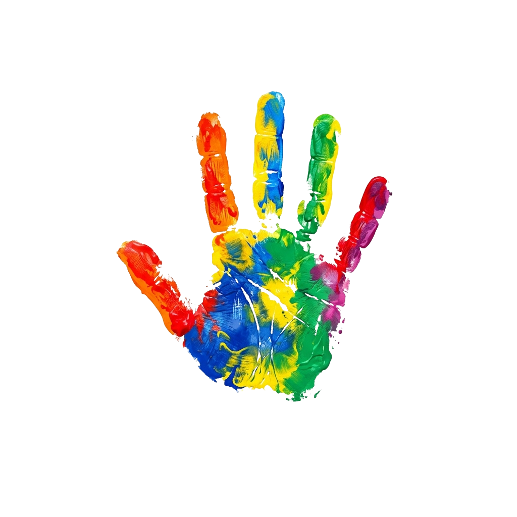 A handprint painted with vibrant rainbow colors on a black background