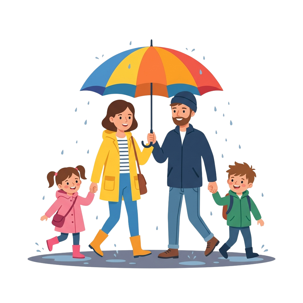 Four people holding hands under a colorful umbrella during light rain, smiling and walking together