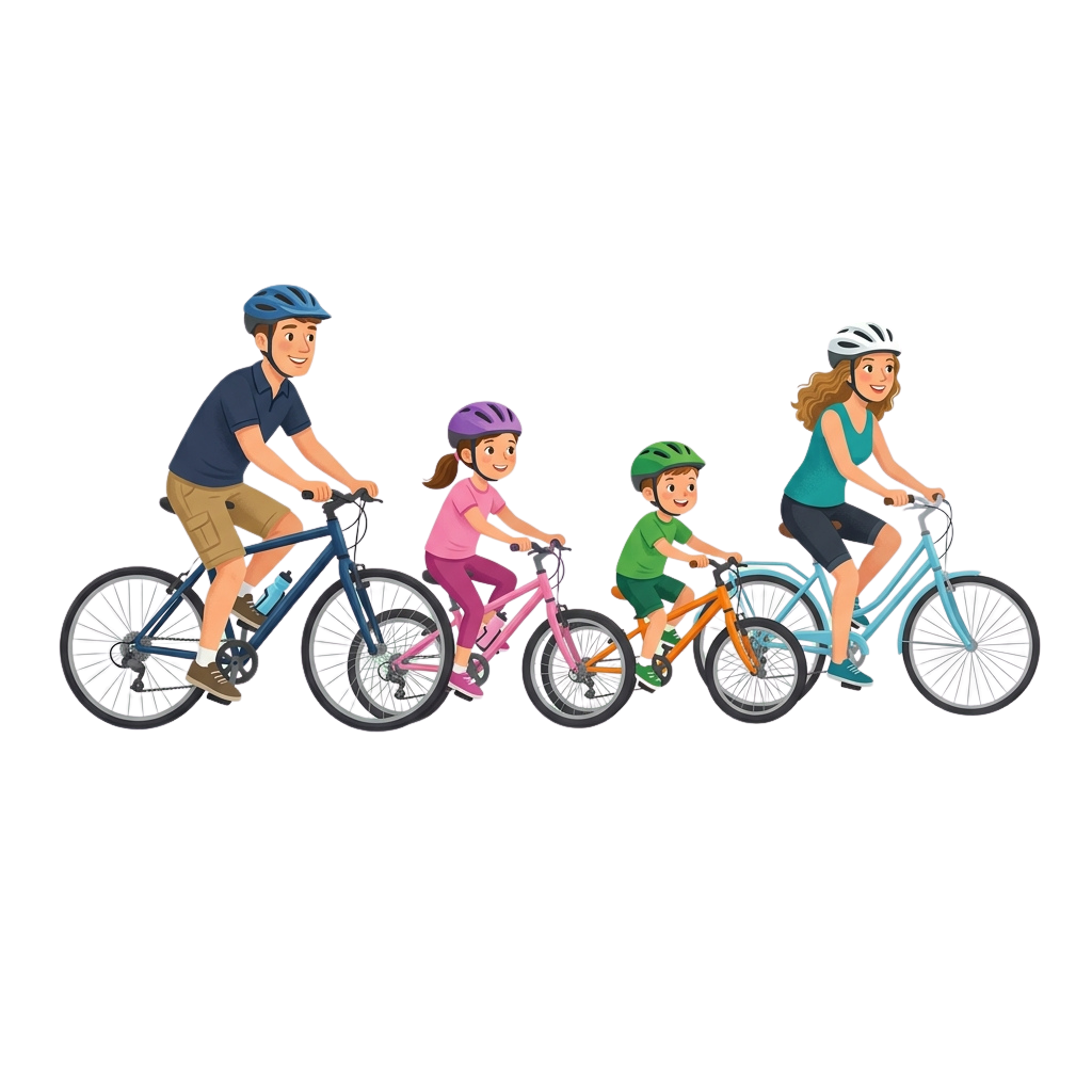 Four people riding bicycles in a line, wearing helmets and casual clothing