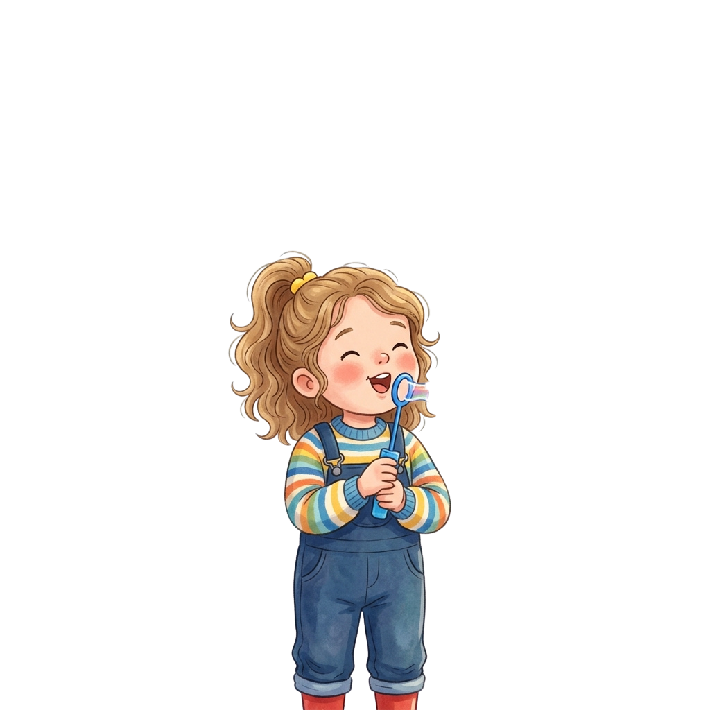 A cheerful cartoon girl with curly hair and overalls eating ice cream with a cone