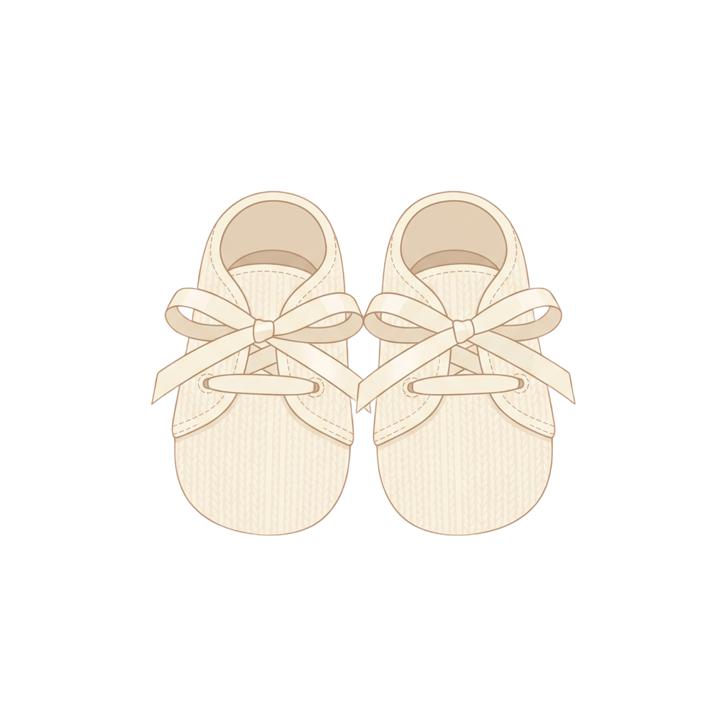 Two beige knitted baby booties with soft ribbon bows on each foot