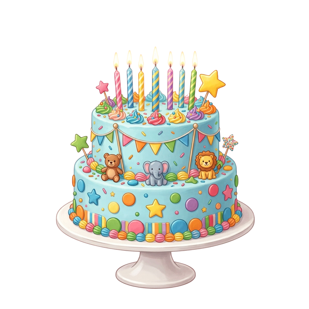 A vibrant birthday cake with blue frosting, animal toppers, candy decorations, and lit candles.
