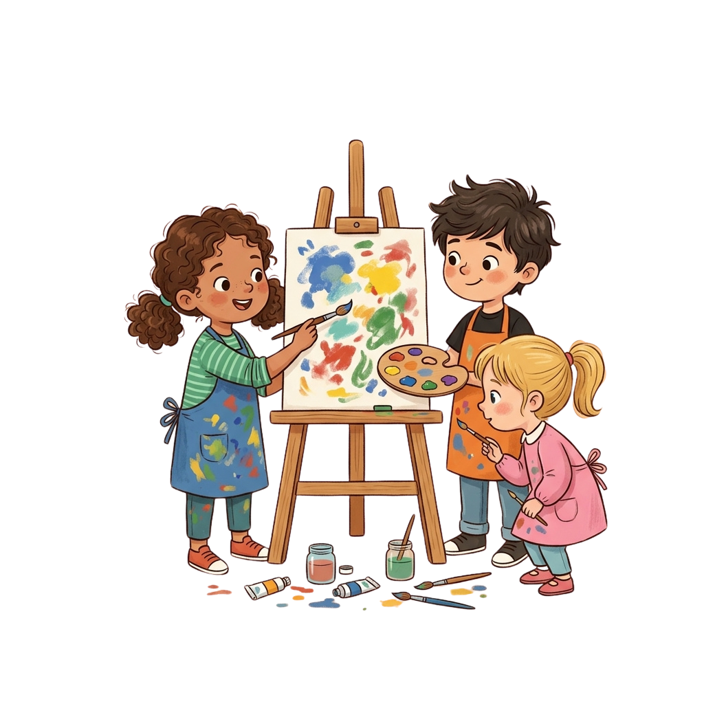 Three children painting on a canvas with brushes and paints, smiling and engaged in an art project.