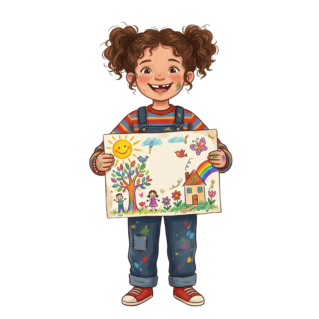 Smiling child with curly hair holding a colorful drawing of a tree, house, rainbow, and family