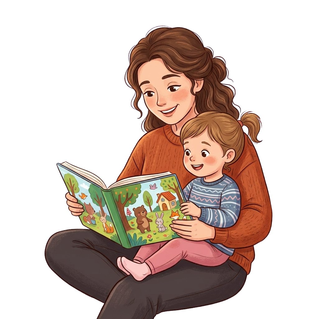 A woman and a child sitting together reading an illustrated storybook with forest animals and a house.