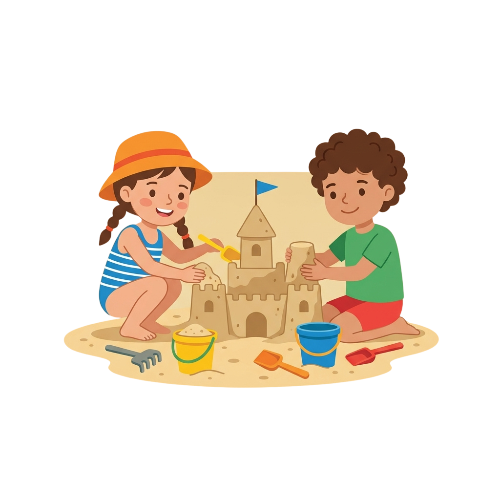 Two children happily building a sandcastle on the beach using shovels and buckets
