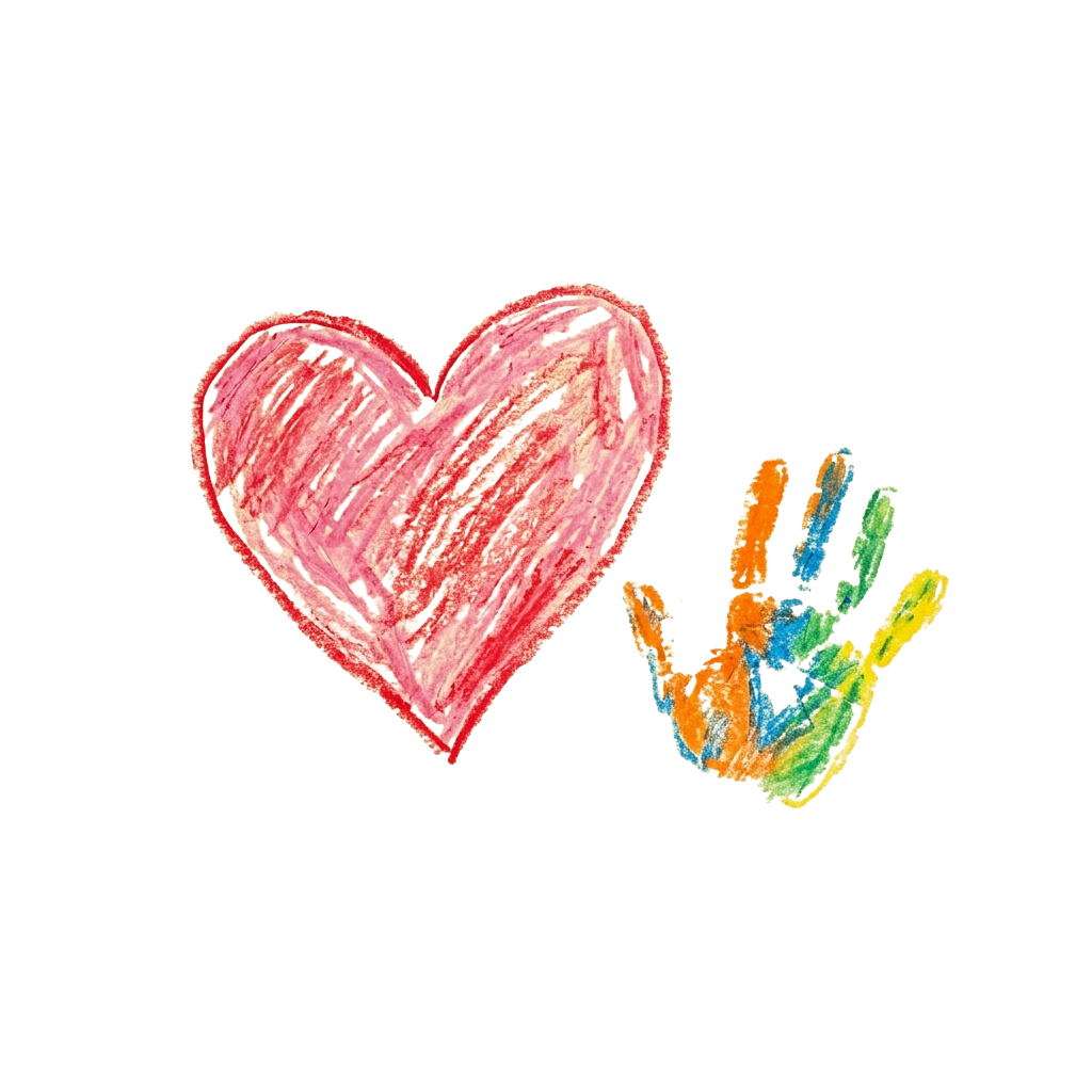 A colorful handprint next to a red heart drawing on a black background