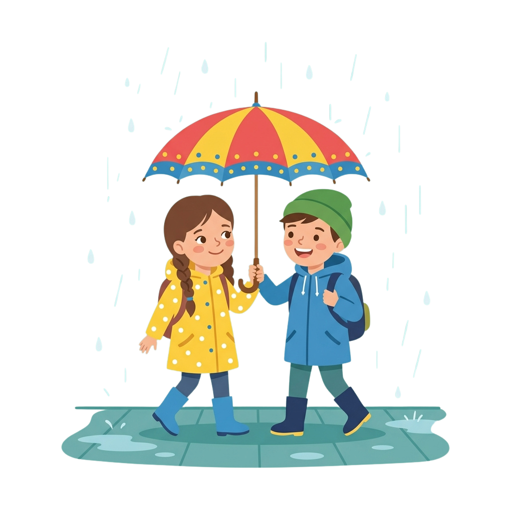 Two children holding a colorful umbrella while walking in the rain, smiling and staying dry.