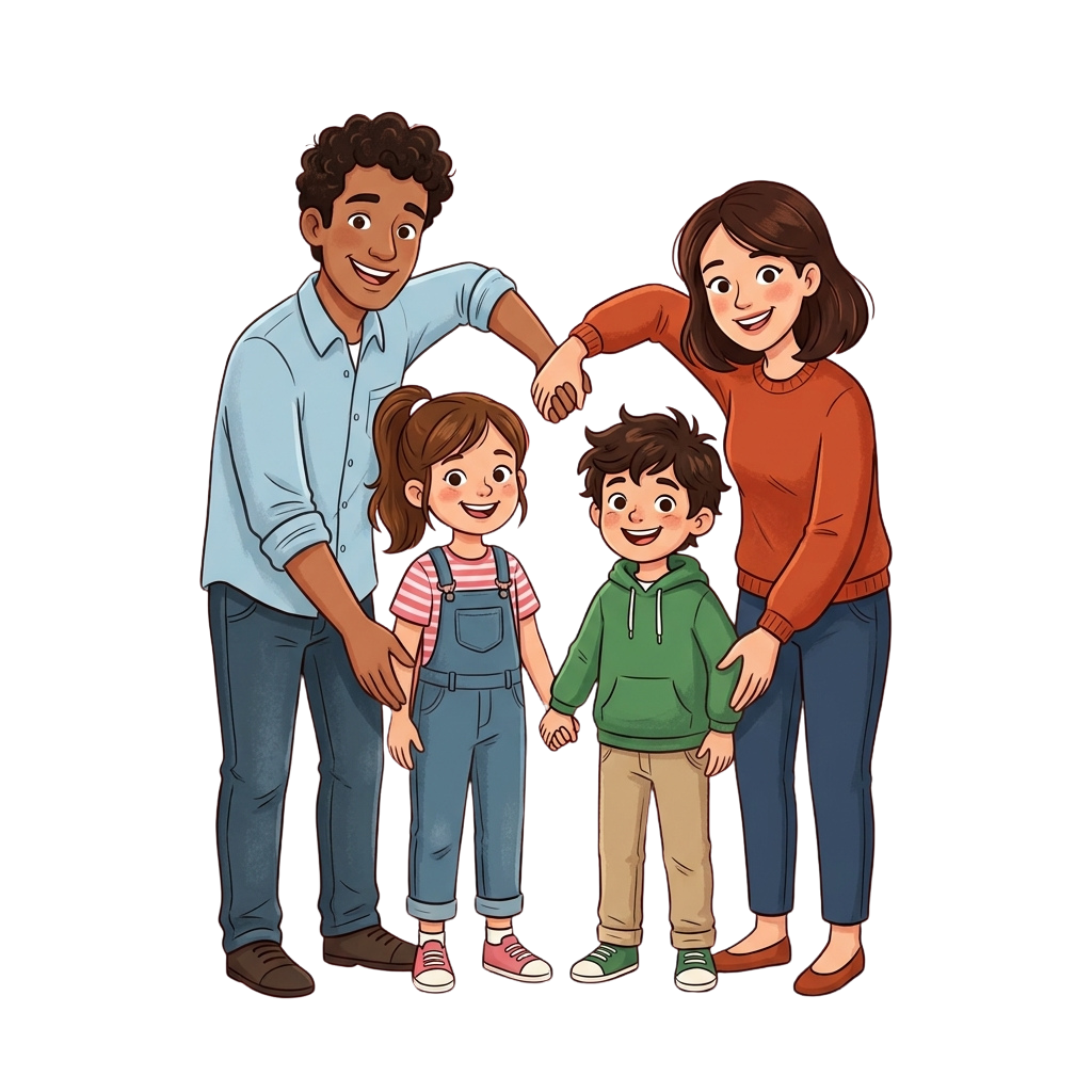 Illustration of a smiling cartoon family of four standing together with arms around each other