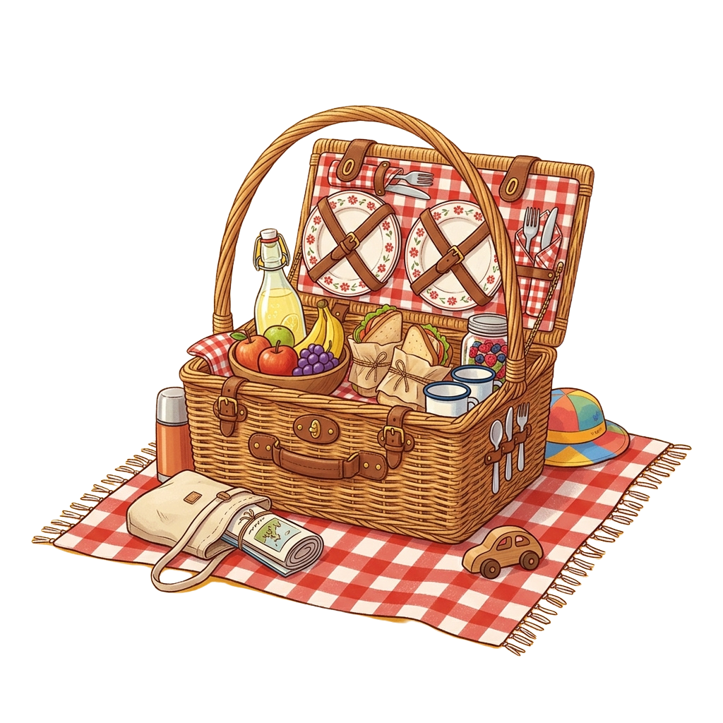 Illustration of a picnic basket filled with food and drinks on a red and white checkered blanket with a toy car and hat nearby