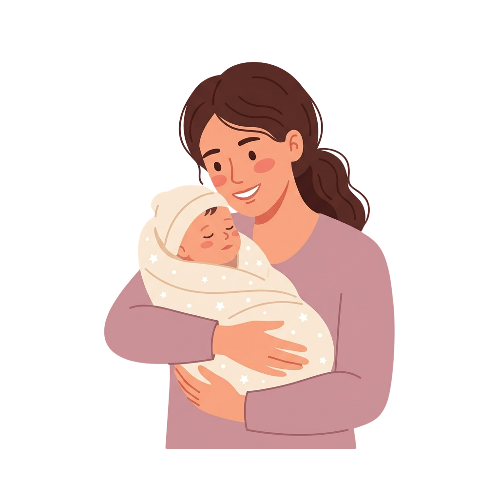 A woman holding a swaddled newborn baby, both smiling warmly.